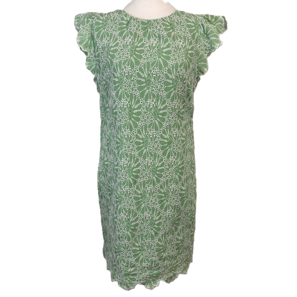 LOFT‎ Eyelet Shift Dress Womens 8 Green Cap Sleeve Floral Cotton Cottage Party